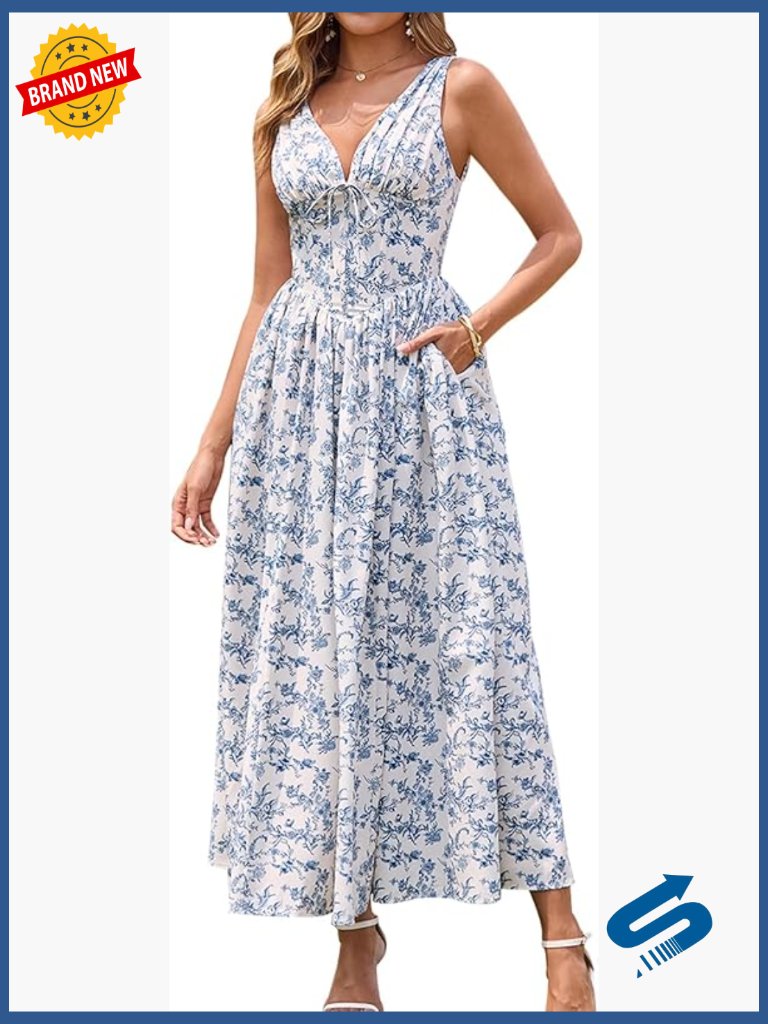Women's V Neck A Line Midi Sundress With Pockets Corset Back